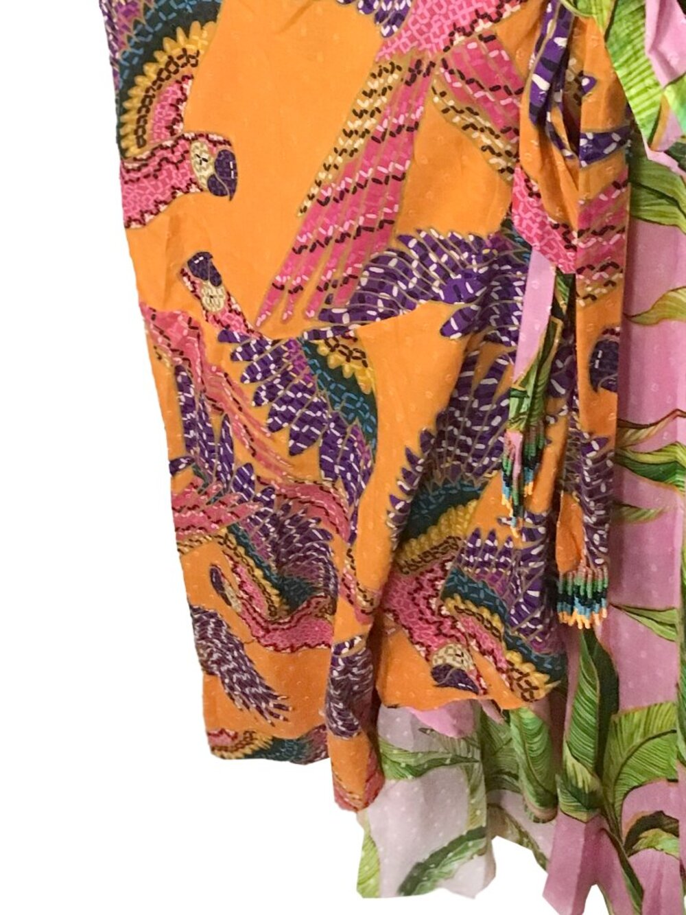 FARM RIO Mixed Prints Beaded Macaw Pink Foliage Midi Wrap Dress - Picture 7 of 15
